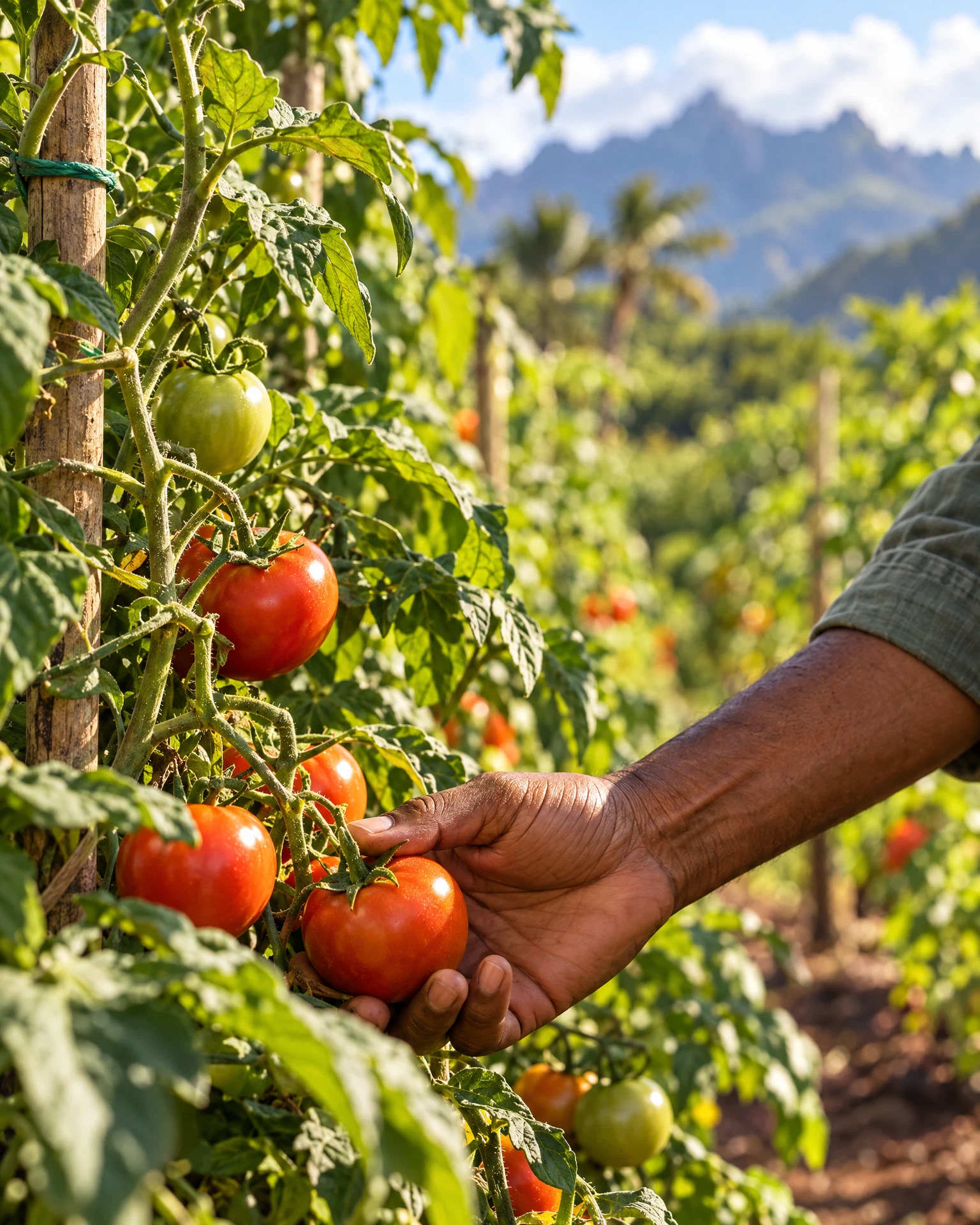 Illustration d’une main au milieu de plants de tomates